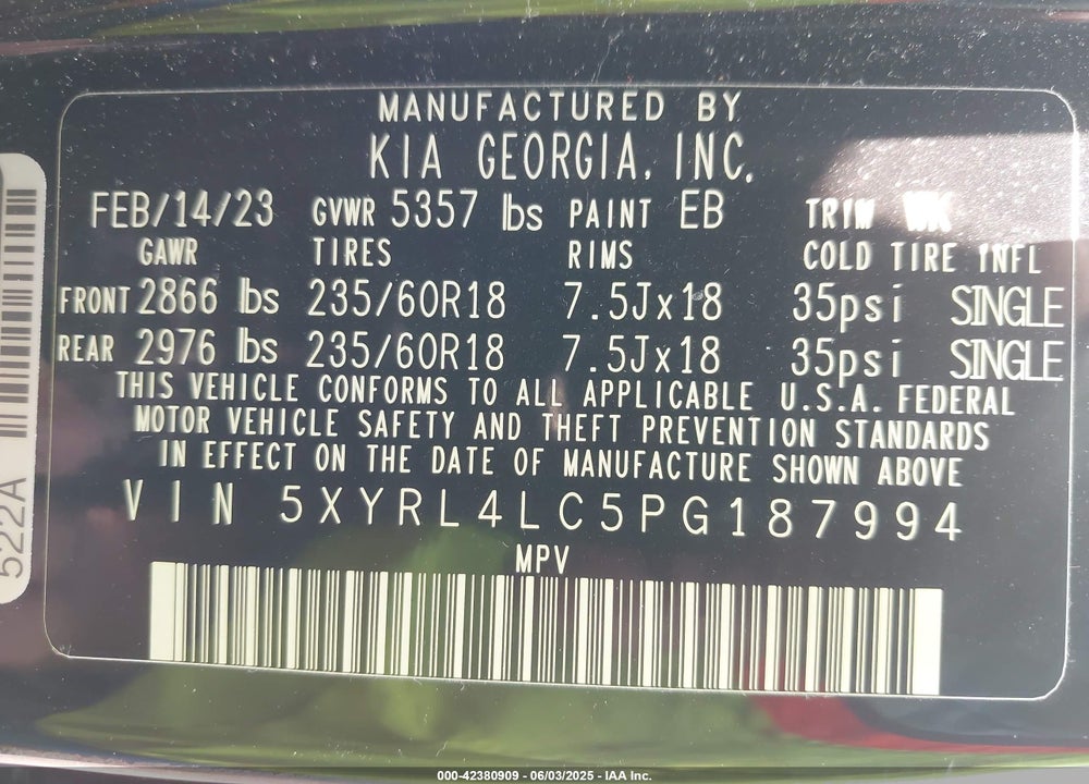 2023 KIA SORENTO S VIN: 5XYRL4LC5PG187994