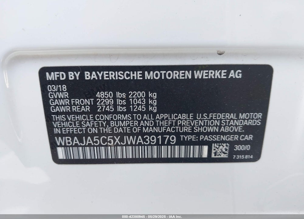 2018 BMW 530I VIN: WBAJA5C5XJWA39179