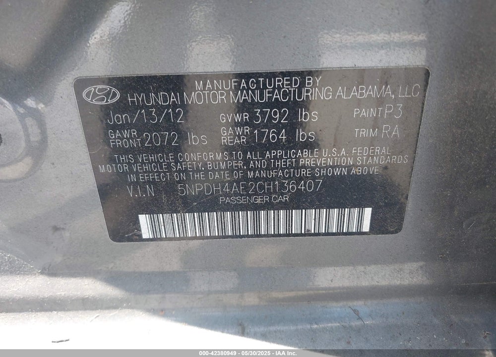 2012 HYUNDAI ELANTRA VIN: 5NPDH4AE2CH136407