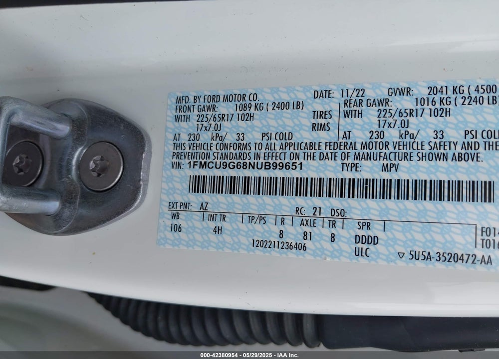 2022 FORD ESCAPE SE VIN: 1FMCU9G68NUB99651