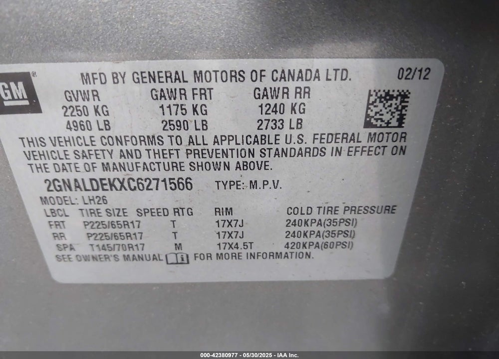 2012 CHEVROLET EQUINOX VIN: 2GNALDEKXC6271566