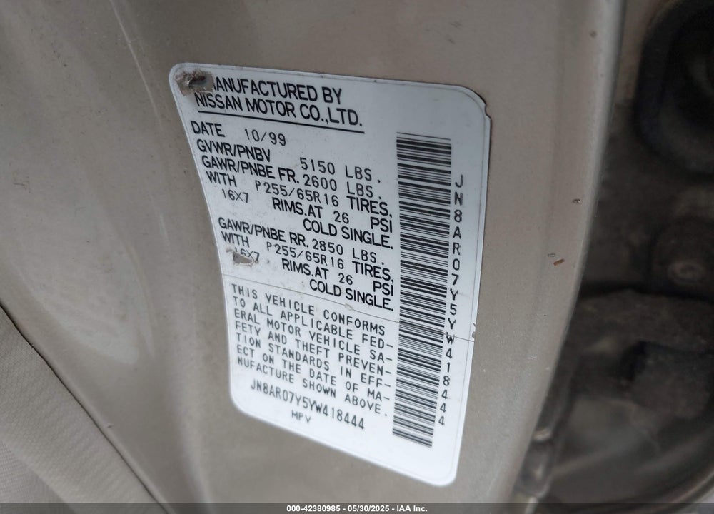 2000 NISSAN PATHFINDER LE/SE/XE VIN: JN8AR07Y5YW418444