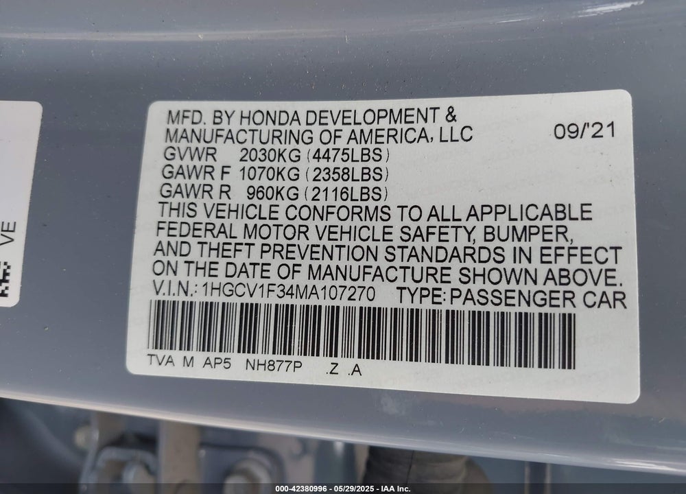 2021 HONDA ACCORD VIN: 1HGCV1F34MA107270