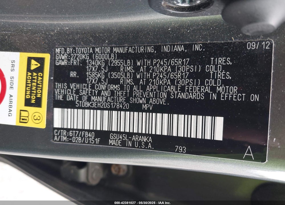 2013 TOYOTA HIGHLANDER VIN: 5TDBK3EH2DS178420