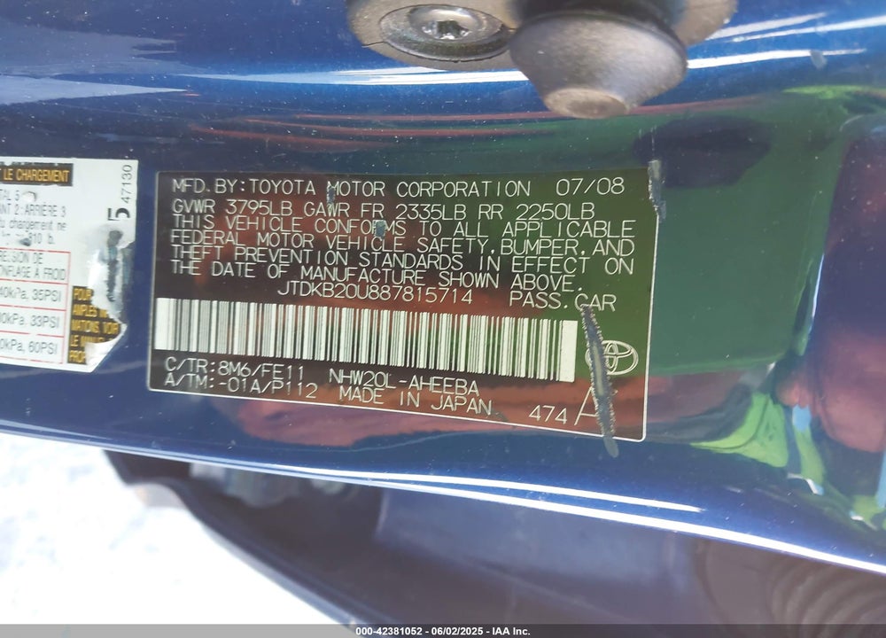 2008 TOYOTA PRIUS VIN: JTDKB20U887815714