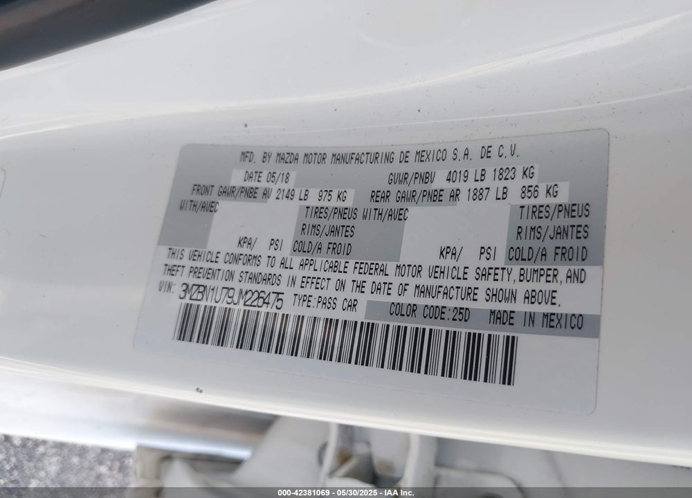 2018 MAZDA 3 VIN: 3MZBN1U79JM226475