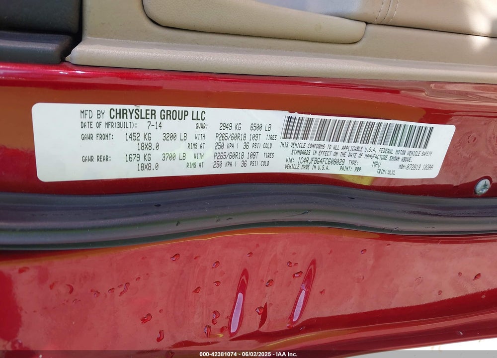 2015 JEEP GRAND CHEROKEE VIN: 1C4RJFBG4FC608029