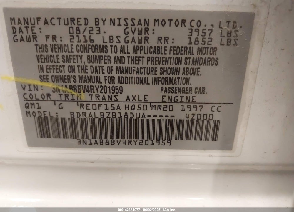 2024 NISSAN SENTRA VIN: 3N1AB8BV4RY201959