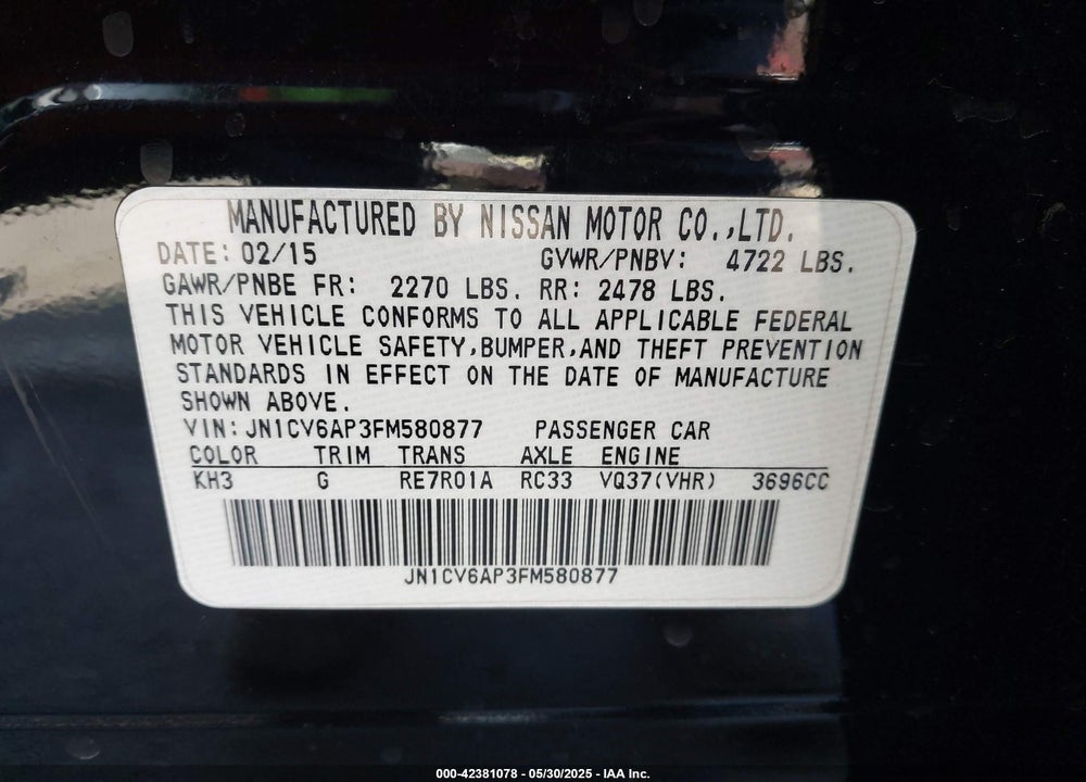 2015 INFINITI Q40 VIN: JN1CV6AP3FM580877