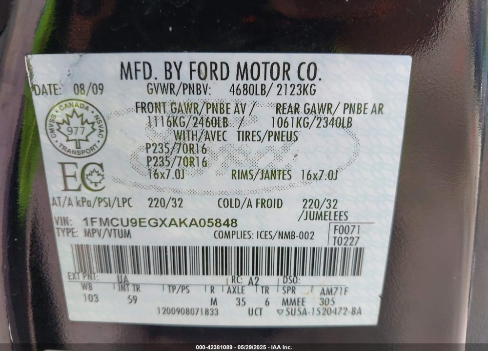 2010 FORD ESCAPE VIN: 1FMCU9EGXAKA05848
