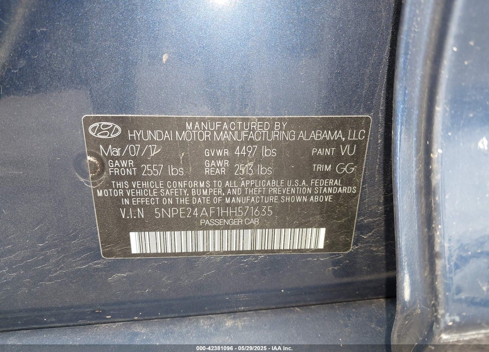 2017 HYUNDAI SONATA SE VIN: 5NPE24AF1HH571635