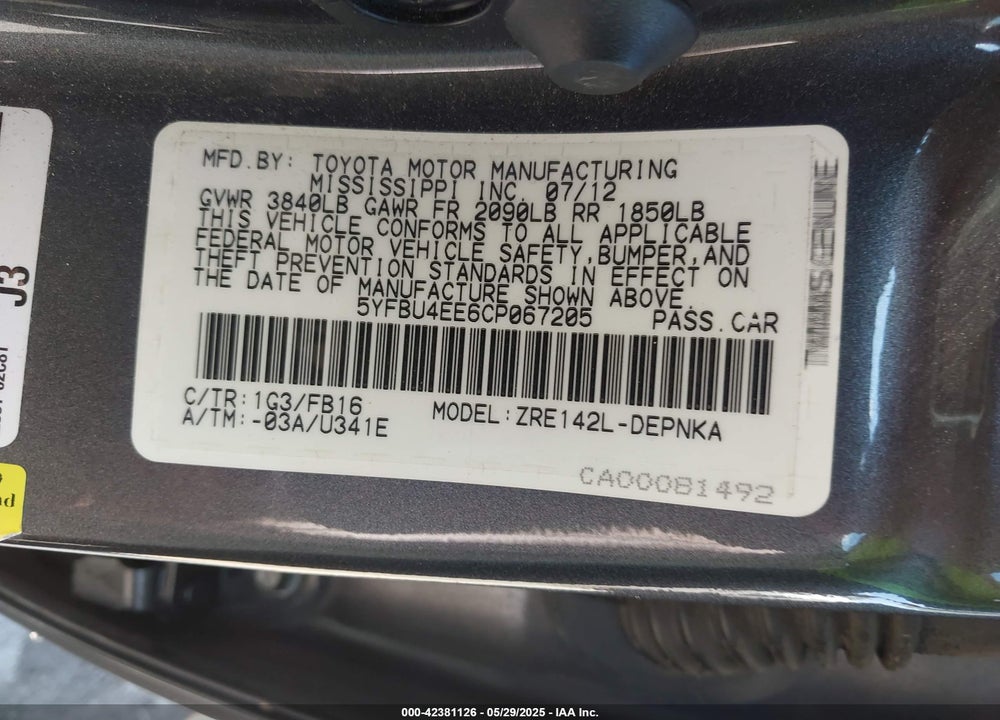 2012 TOYOTA COROLLA VIN: 5YFBU4EE6CP067205