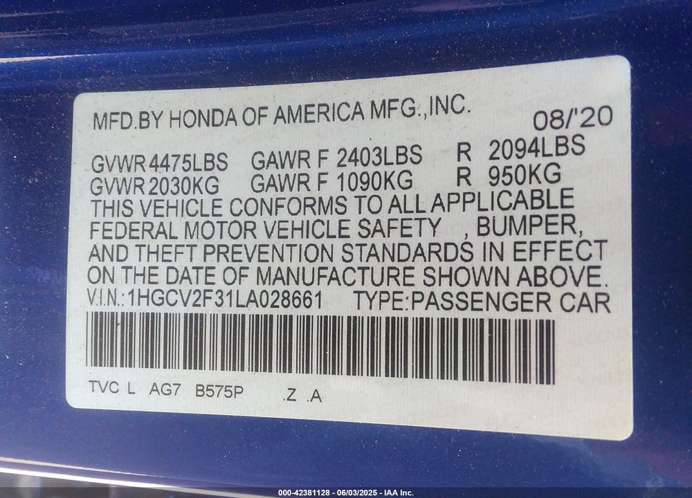 2020 HONDA ACCORD VIN: 1HGCV2F31LA028661