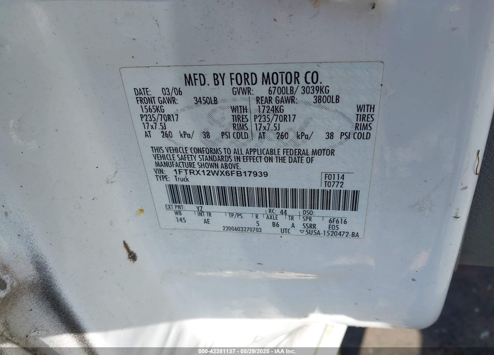2006 FORD F-150 STX/XL/XLT VIN: 1FTRX12WX6FB17939