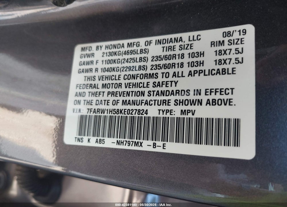 2019 HONDA CR-V VIN: 7FARW1H58KE027824