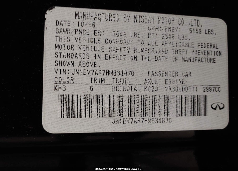 2017 INFINITI Q50 VIN: JN1EV7AR7HM834870