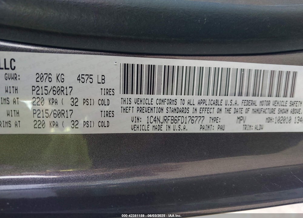 2015 JEEP PATRIOT VIN: 1C4NJRFB6FD176777