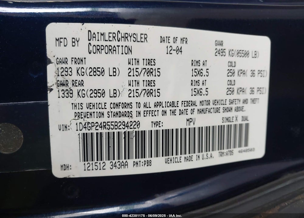 2005 DODGE GRAND CARAVAN SE VIN: 1D4GP24R55B294220