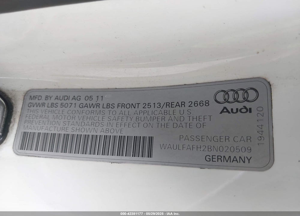 2011 AUDI A5 VIN: WAULFAFH2BN020509