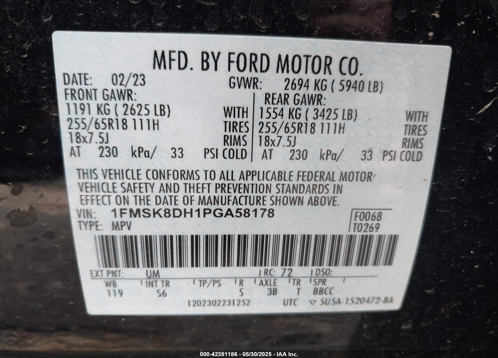 2023 FORD EXPLORER VIN: 1FMSK8DH1PGA58178