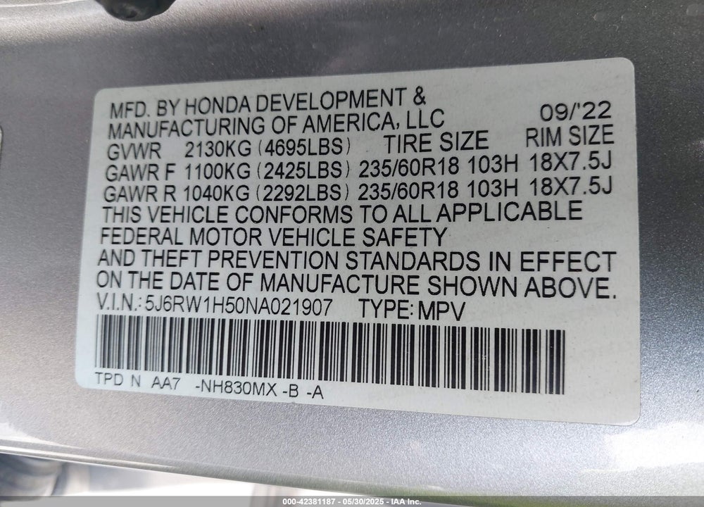 2022 HONDA CR-V 2WD EX VIN: 5J6RW1H50NA021907
