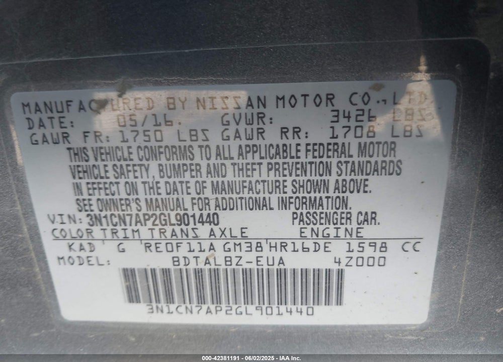 2016 NISSAN VERSA 1.6 SV VIN: 3N1CN7AP2GL901440