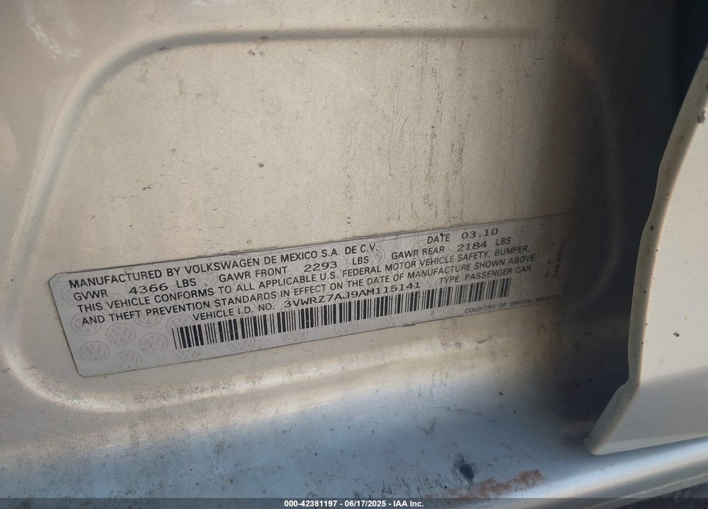 2010 VOLKSWAGEN JETTA VIN: 3VWRZ7AJ9AM115141