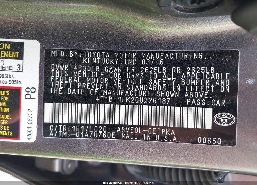 2016 TOYOTA CAMRY VIN: 4T1BF1FK2GU226187