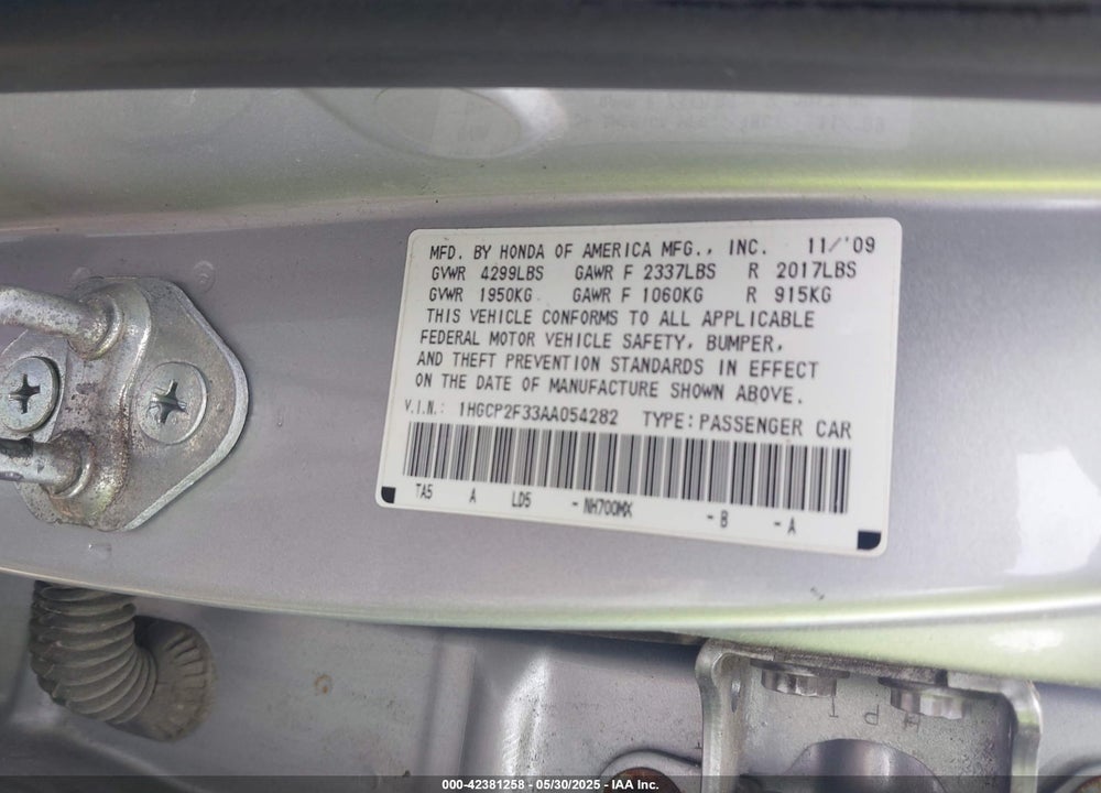 2010 HONDA ACCORD VIN: 1HGCP2F33AA054282