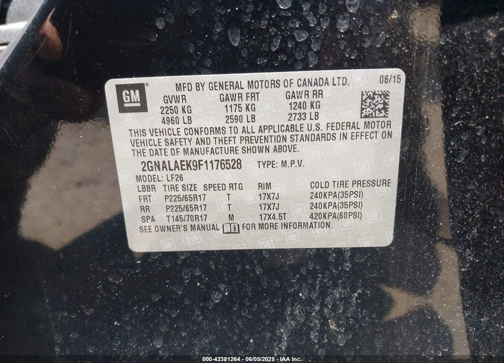 2015 CHEVROLET EQUINOX VIN: 2GNALAEK9F1176528
