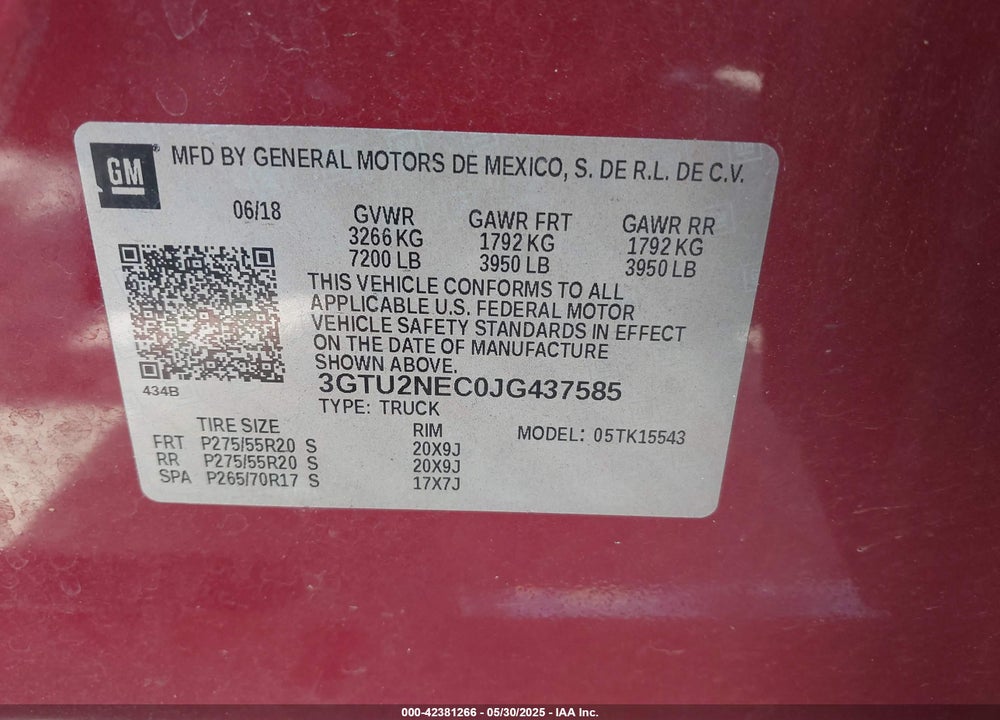 2018 GMC SIERRA 1500 SLT VIN: 3GTU2NEC0JG437585