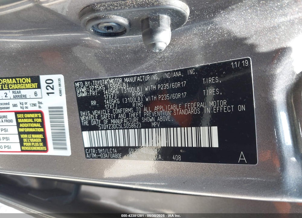 2020 TOYOTA SIENNA XLE VIN: 5TDYZ3DC5LS058623