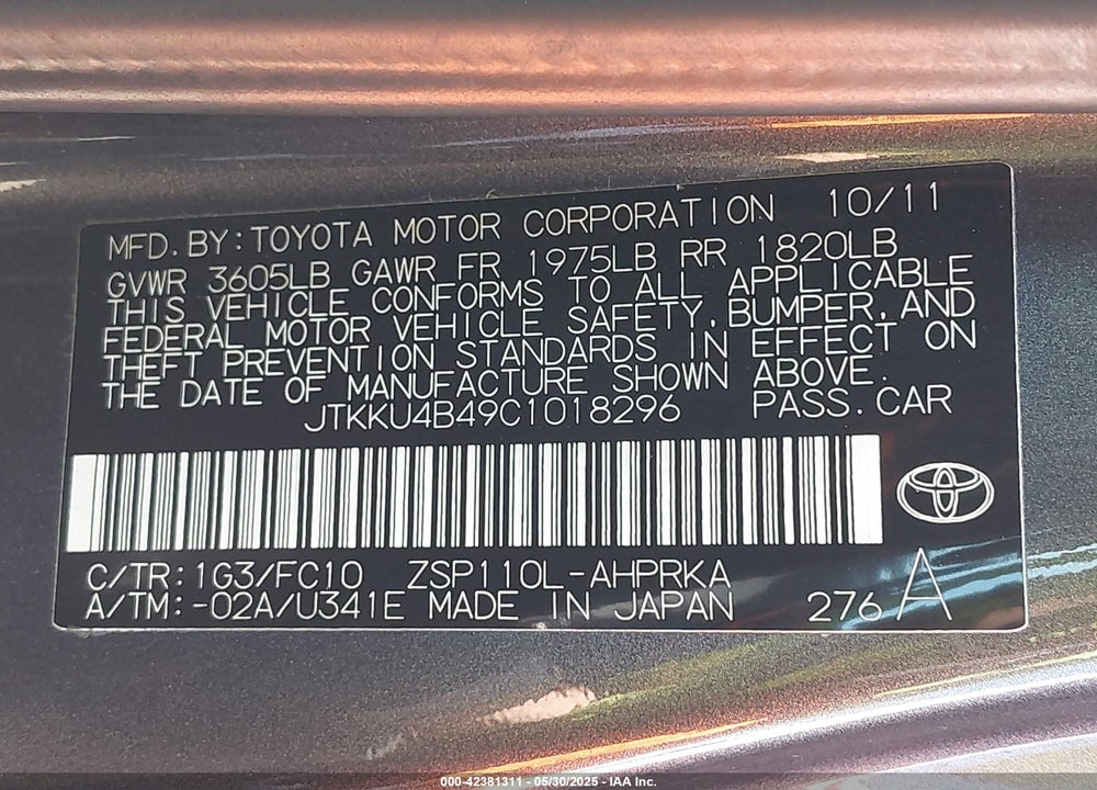 2012 SCION XD VIN: JTKKU4B49C1018296