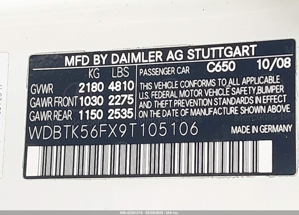 2009 MERCEDES-BENZ CLK 350 VIN: WDBTK56FX9T105106