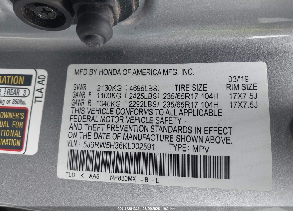 2019 HONDA CR-V VIN: 5J6RW5H36KL002591