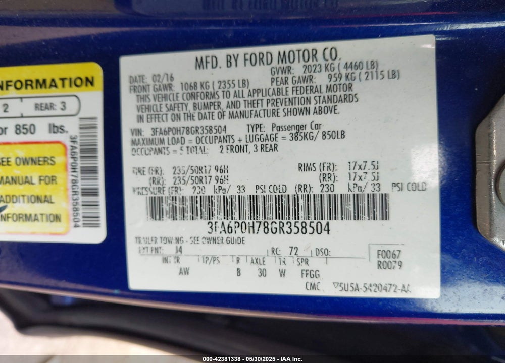 2016 FORD FUSION VIN: 3FA6P0H78GR358504