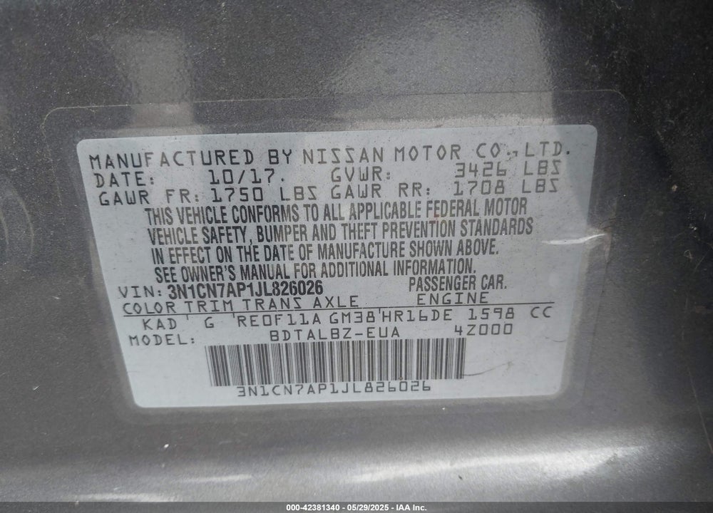2018 NISSAN VERSA 1.6 SV VIN: 3N1CN7AP1JL826026