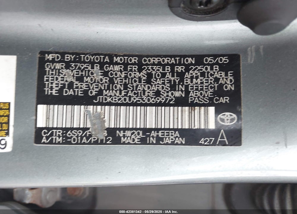 2005 TOYOTA PRIUS VIN: JTDKB20U953069972
