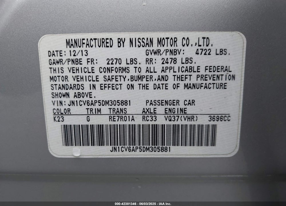 2013 INFINITI G37 JOURNEY VIN: JN1CV6AP5DM305881