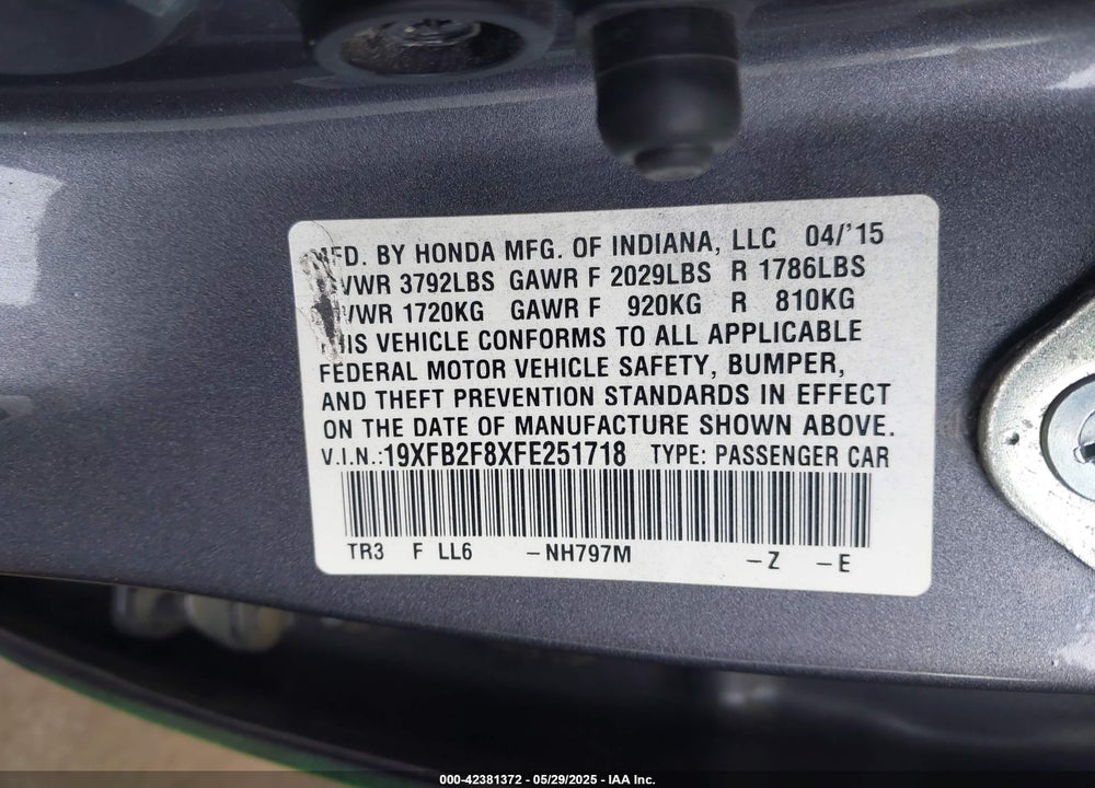 2015 HONDA CIVIC VIN: 19XFB2F8XFE251718