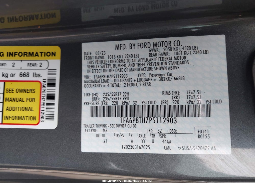 2023 FORD MUSTANG VIN: 1FA6P8TH7P5112903