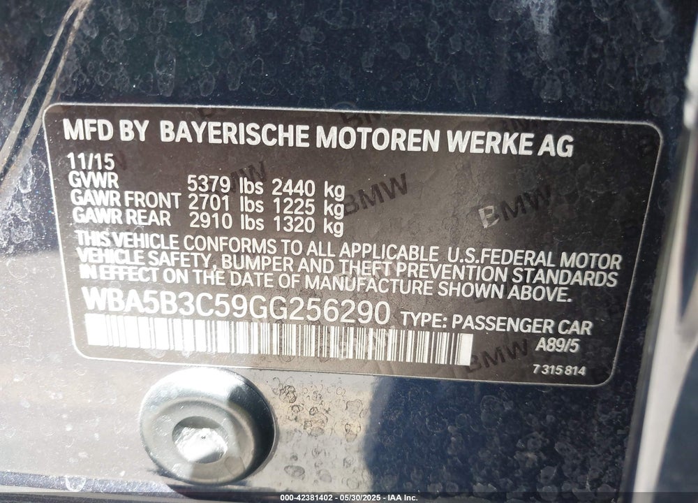 2016 BMW 535I XDRIVE VIN: WBA5B3C59GG256290