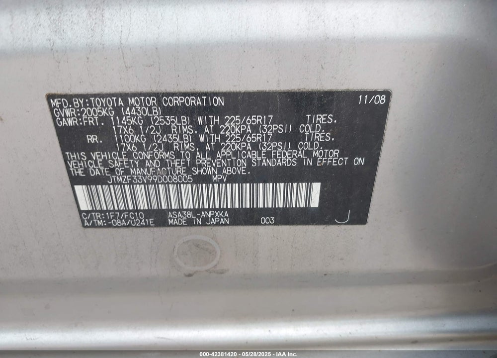 2009 TOYOTA RAV4 VIN: JTMZF33V99D008005