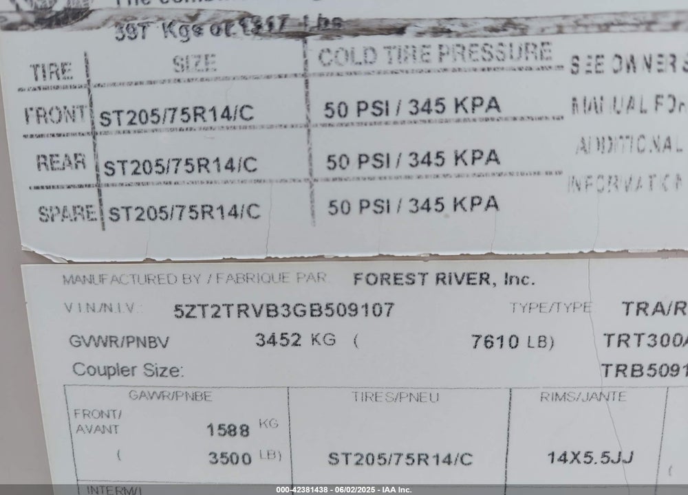 2016 TRACER M-300 AIR VIN: 5ZT2TRVB3GB509107
