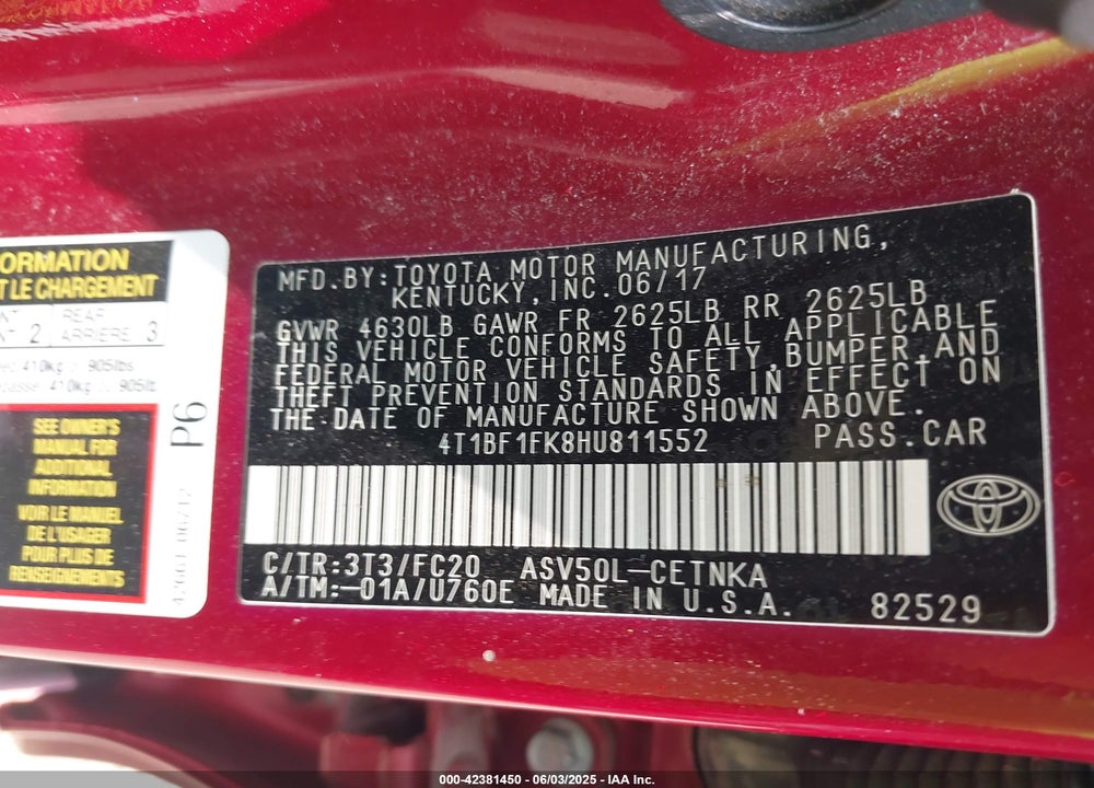 2017 TOYOTA CAMRY LE VIN: 4T1BF1FK8HU811552