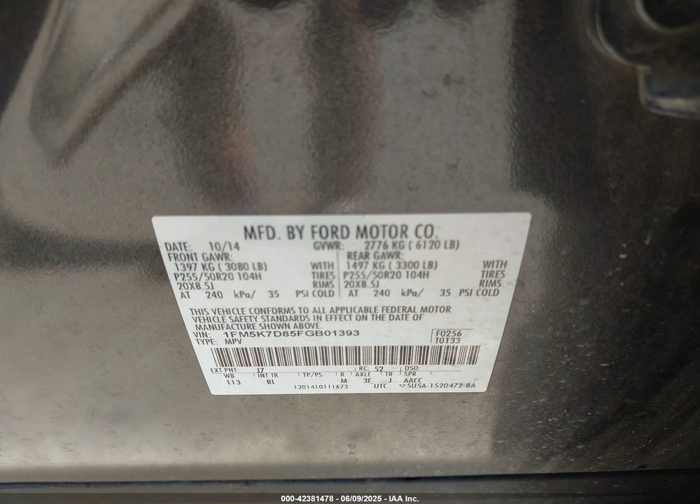 2015 FORD EXPLORER XLT VIN: 1FM5K7D85FGB01393