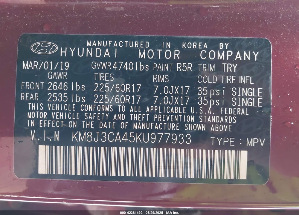 2019 HYUNDAI TUCSON VIN: KM8J3CA45KU977933