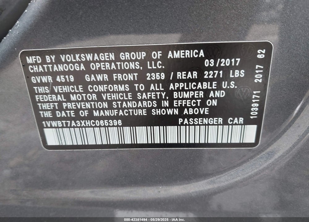2017 VOLKSWAGEN PASSAT VIN: 1VWBT7A3XHC065396