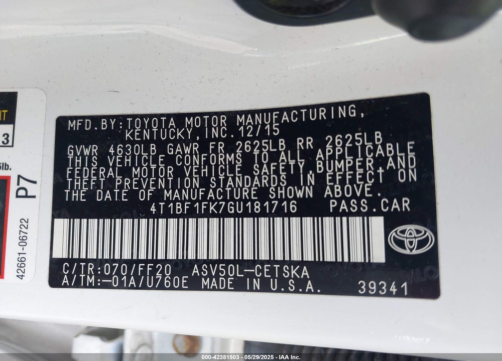 2016 TOYOTA CAMRY SE VIN: 4T1BF1FK7GU181716