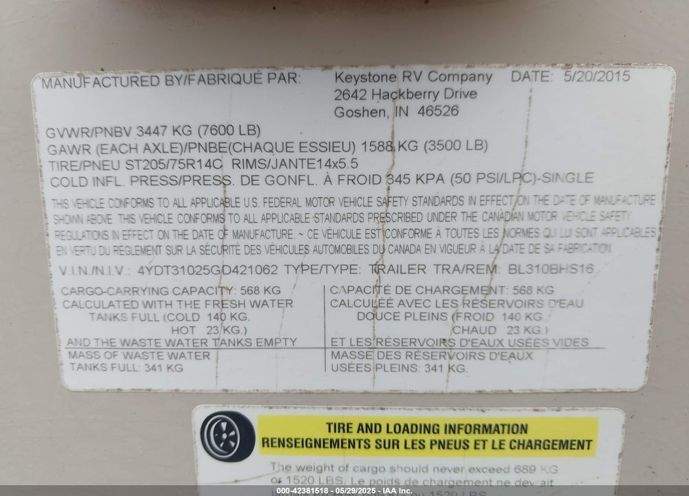 2016 KEYSTONE TRAVEL TRLR VIN: 4YDT31025GD421062